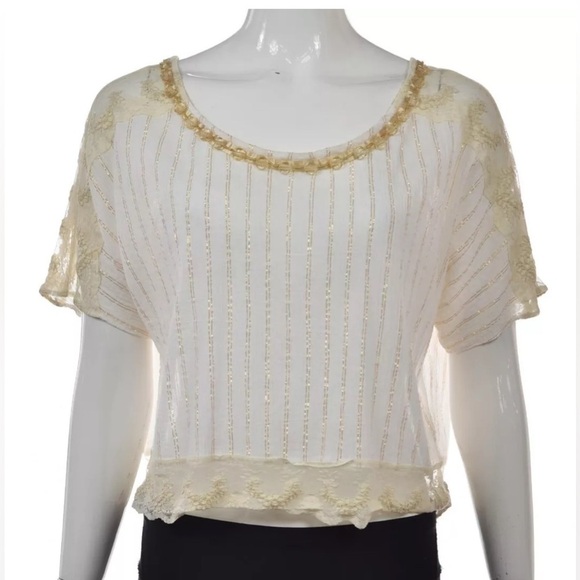 Free People Tops - Free People Vintage Ivory Short Sleeve Beaded Wide Neck Blouse (Size S)